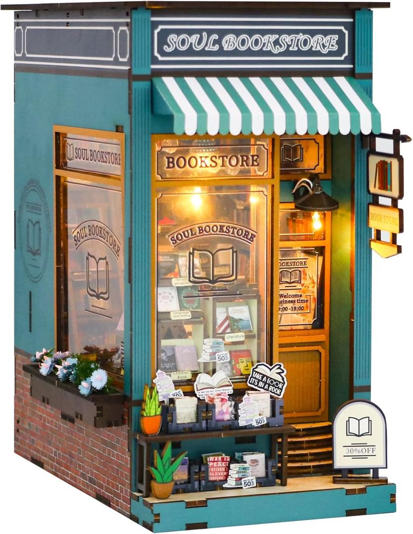 CRIOLPO DIY Book Nook Kit, Miniature House Model, Charming Bookshelf Scene, Wooden Dolls House, Bookshelf Miniature Scenes, for Hobbyists and Decor - Soul Bookstore