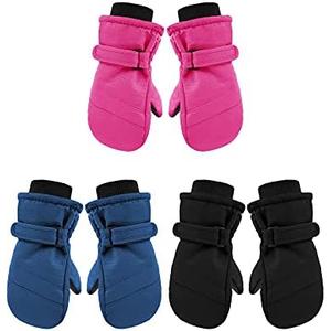 Geyoga 3 Pairs Kids Waterproof Mittens Thicken Toddler Winter Snow Gloves Warm Ski Gloves for Girls Boys (Blue, Black, Rose Red, 1-3 Years)