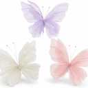 3pcs Giant Organza Butterfly Decorations, 19.6" & 11.8" Mixed Sizes, Gold & Pink Large Artificial 3D Butterflies for Wedding Arch, Princess Birthday Party, Baby Shower Wall Decor.