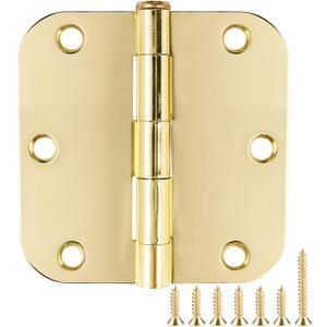 6 Pack Rounded Door Hinges 3.5 inch X 3-1/2" 5/8 Radius, Polished Brass 3  Inch Gold Interior Standard Hinge for Bedroom Wood/French Style Clear Glass Doors Easy Install Hardware Decor Accessories