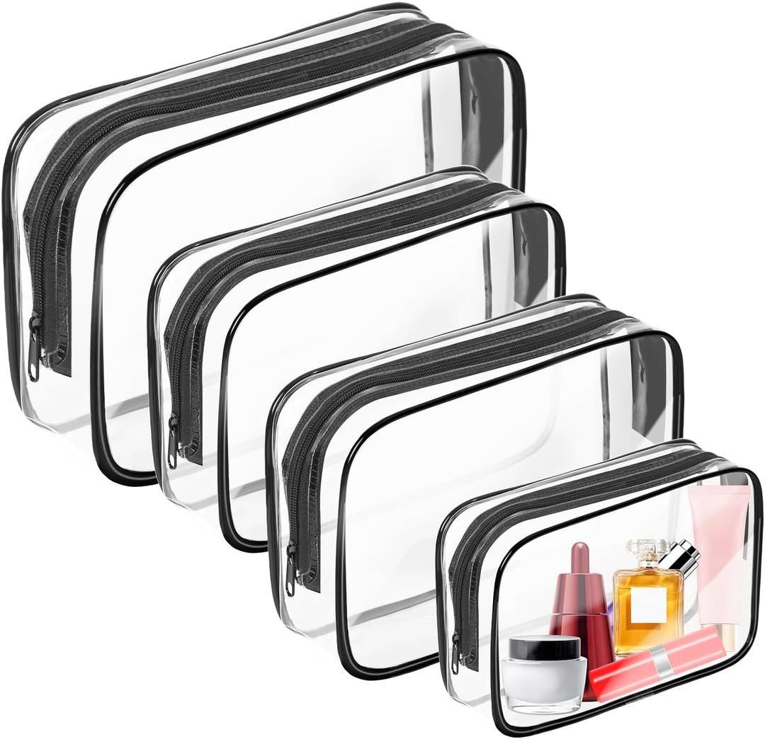 AURUZA Clear Makeup Bag,Portable Travel Toiletry Bags with Zipper, TSA Approved Clear Organizer Bags, PVC Cosmetic Pouch for Airport Airline Compliant (4 Packs Black)
