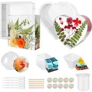 5 PCS Resin Molds Silicone Kit Large Epoxy Resin Mold for Flowers Preservation Home Deco DIY Art, Silicone Molds Including Square, Heart, Sphere, Pyramid, Cube and Tools