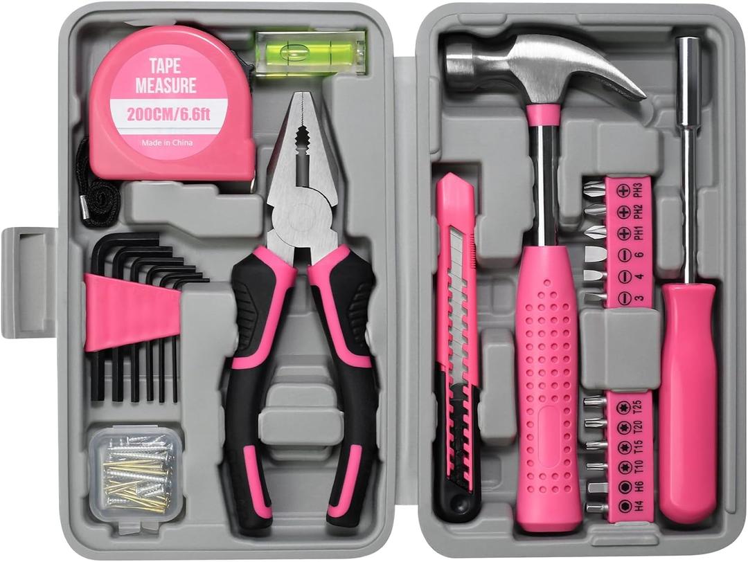 ZUZUAN Tool Set 25pc Pink Household DIY Tool Kit for Women,Small Mini Tool Box for Easy of Carrying, Starter Basic Ladies Tools Perfect for DIY, Home Maintenance