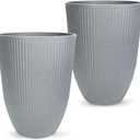 2 Pcs Pack 18.5 Inches Heavy Duty Plastic Resin Tall Tapered Planter Pots Large Round Planter Flower Pot with Drainage Holes for Indoor Outdoor Deck Porch Garden Home Patio Front Door (Light grey, M) (Medium)