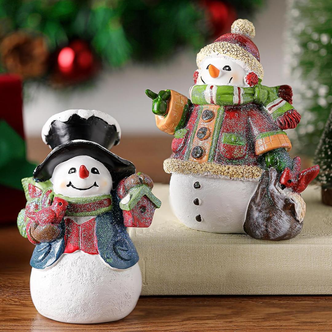 2 Pcs 5 Inch Snowman Figurines Rustic Christmas Table Decorations Indoor Resin Snowman Decor Tabletop Statue for Xmas Winter Party Home Office Mantle Desk Shelf Holiday Gifts(Classic)