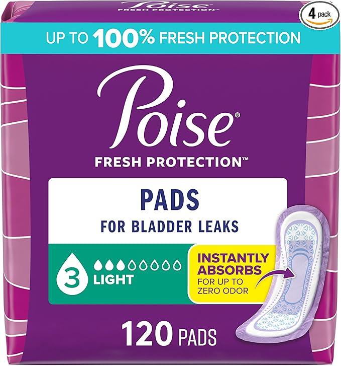 Poise Incontinence Pads & Postpartum Incontinence Pads, 3 Drop Light Absorbency, Regular Length, 120 Count (4 Packs of 30)