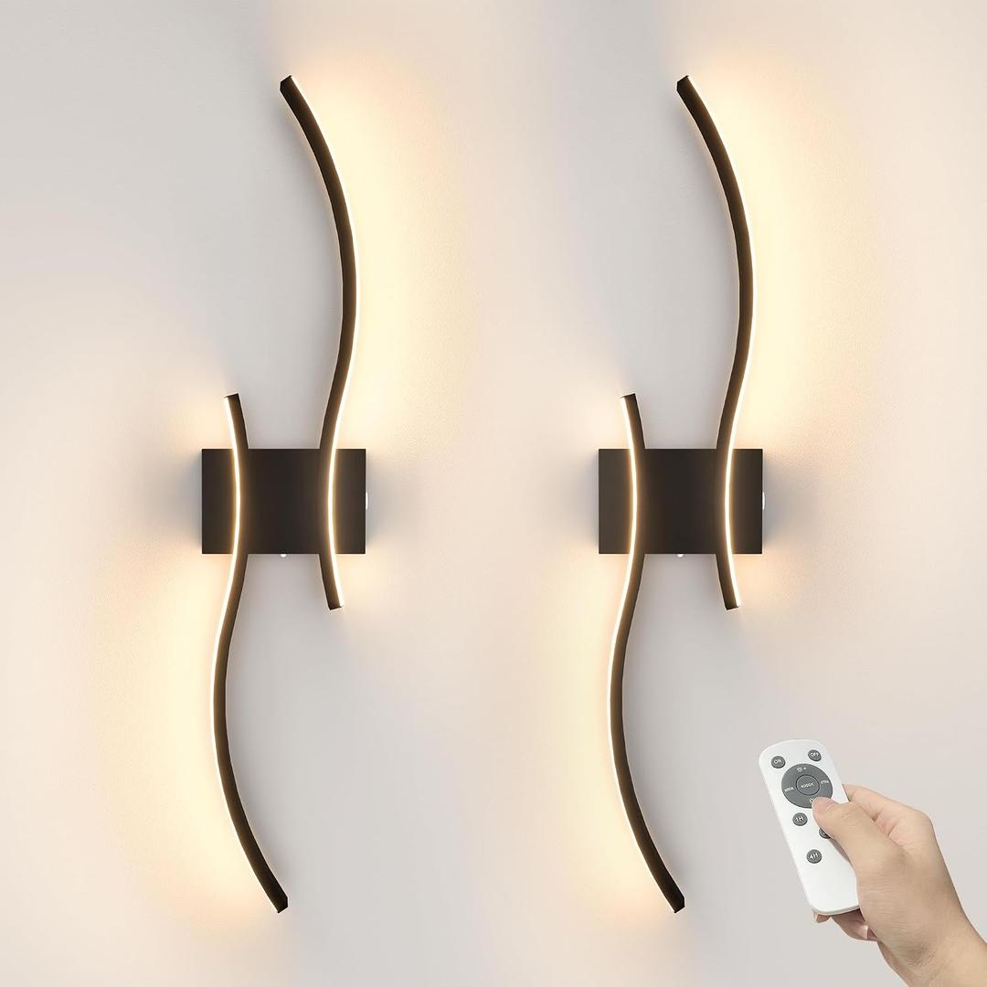VOLISUN Battery Operated Wall Sconces Set of Two, 27.6 inch Wireless Wall Sconces, 3000K-6500K Dimmable Wall Lamps with Remote, Rechargeable Black Wall Lights for Living Room, Hallway, Bedroom