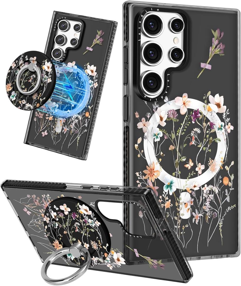 Cute Case for Samsung Galaxy S25 Ultra for Women Girls - Funny Dried Flower Design Compatible with Magsafe Magnetic Ring Holder Kickstand Fashion TPU Phone Covers