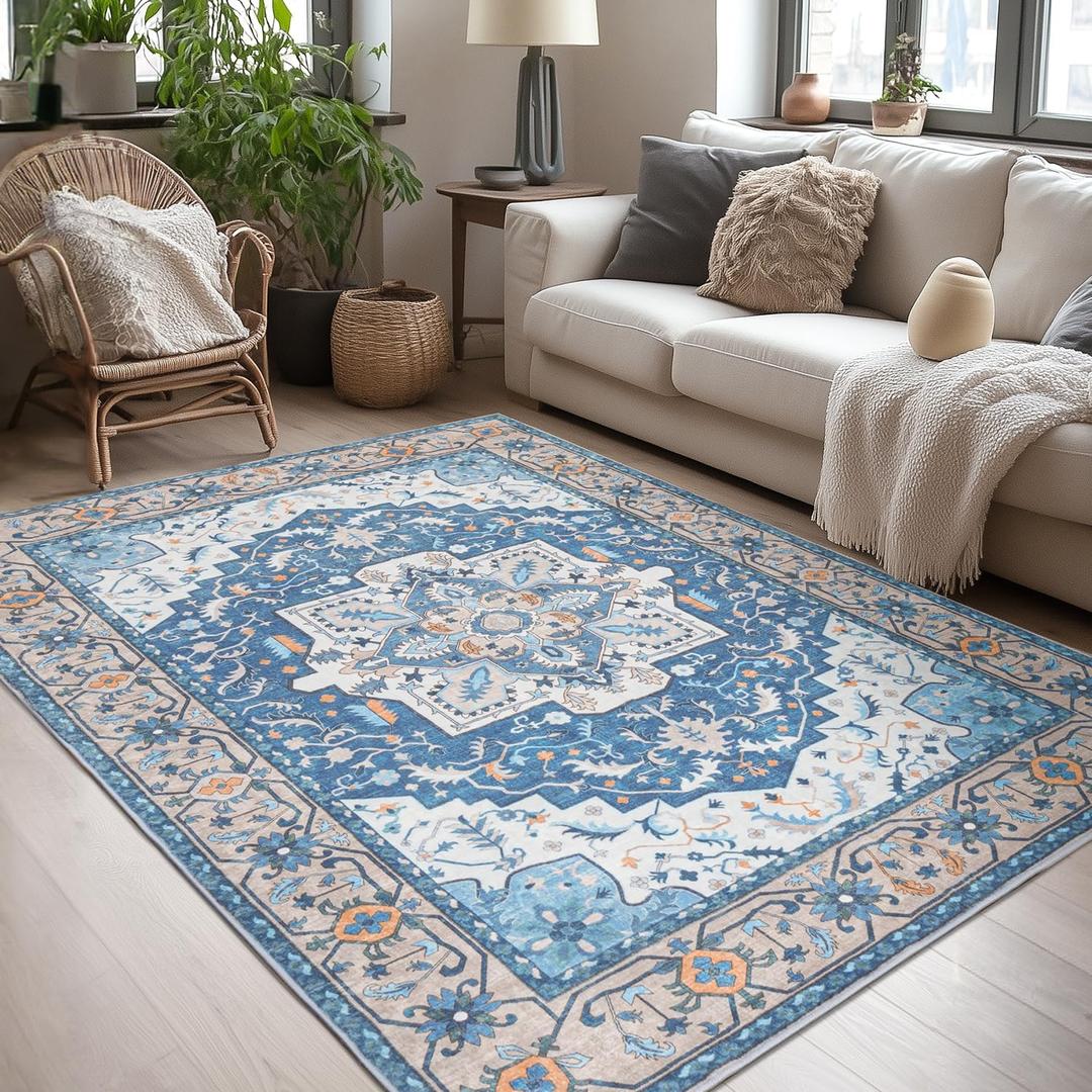 Lessymo 5x7 Area Rugs- Machine Washable Area Rugs, Super Soft Faux-Wool Area Rug for Living Room Bedroom, Boho Area Rug Vintage Floral Medallion Non-Slip Low Pile, Kid & Pet Friendly, Blue Brown