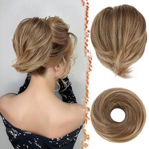 BARSDAR Brown Hair Bun Extensions - Synthetic Fully Short Straight Ponytail Hair Bun Extensions for Women - Elastic Messy Hair Bun Scrunchies Hairpieces Daily- Ash Brown Mixed (1 Count (Pack of 1))