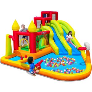 MIRUNAIR Inflatable Bounce House with Slides, Inflatable Water Slide for Kids Backyard, Bounce Water Prak with Air Blower, Splash Pool, Water Cannon, Climbing Wall, Outdoor Backyard Water Park