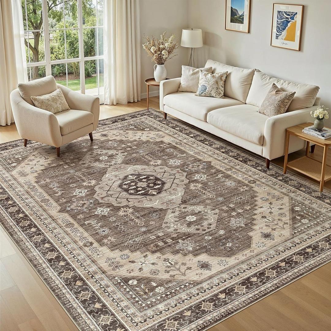 Washable 6x9 Area Rugs for Living Room: Soft Vintage Brown Rug