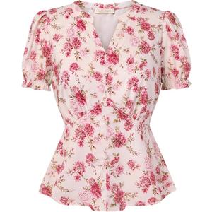 Belle Poque Floral Tops for Women Spring Summer Dressy Casual Blouses Short Sleeve V Neck Shirts Peplum Tops Pink L