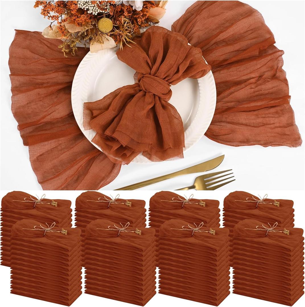 100 Pieces Cloth Napkins Terracotta Dinner Cheesecloth Napkins for Wedding,Wrinkled Cloth Napkins Bulk for Home Party Rustic Table Decoration, Terracotta, 17" x 17" (Set of 100)
