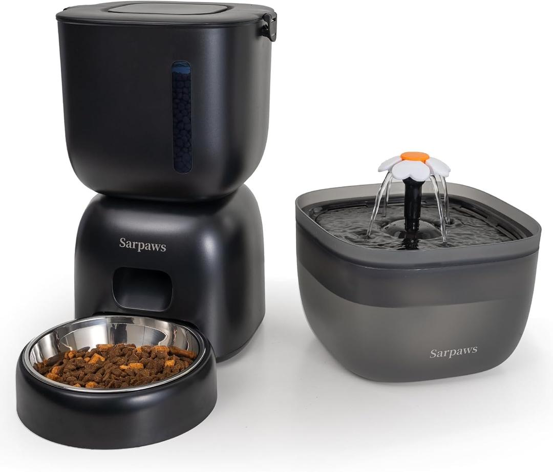 Automatic Cat Feeder and Water Dispenser FW1, Wire or Battery Cat Food Dispenser Timer Pet Feeder - Locking Lid, Desiccant Bag, Programmable Portion Control, 4 Daily Meals, 10s Voice Recorder (Black)