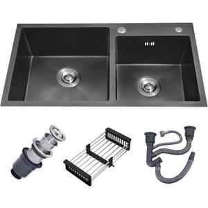 31" x 18" Black Double Bowl Kitchen Sink, Drop-in/Topmount 304 Stainless Steel Sink with Nano Coating & Accessories Set