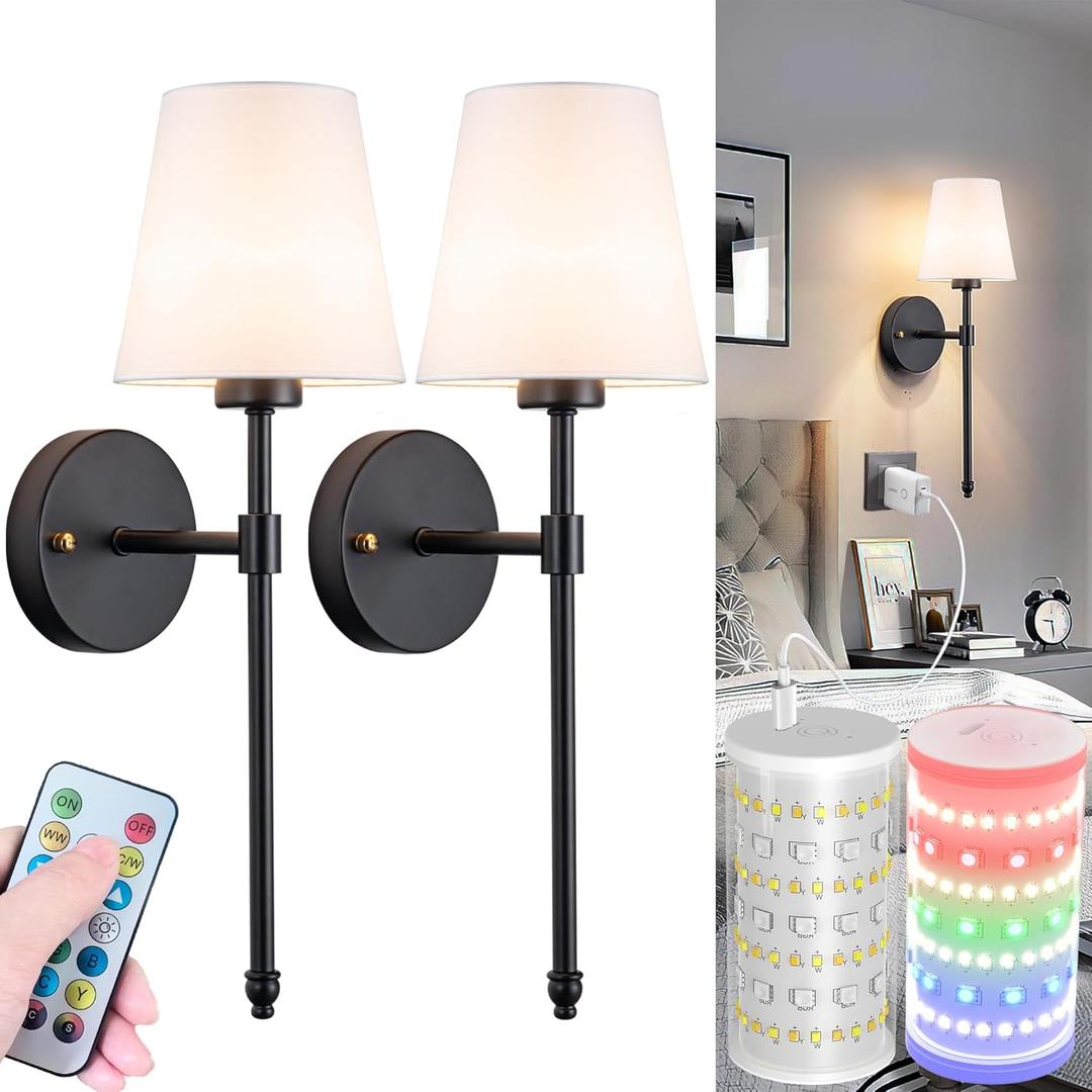 Battery Operated Wall Sconces Set Of 2, Wireless Battery Wall Light With 10000mAh RGB Rechargeable Magnetic Bulb, Rechargeable Wall Sconce With Remote Control For Bedroom, No Electrician Required