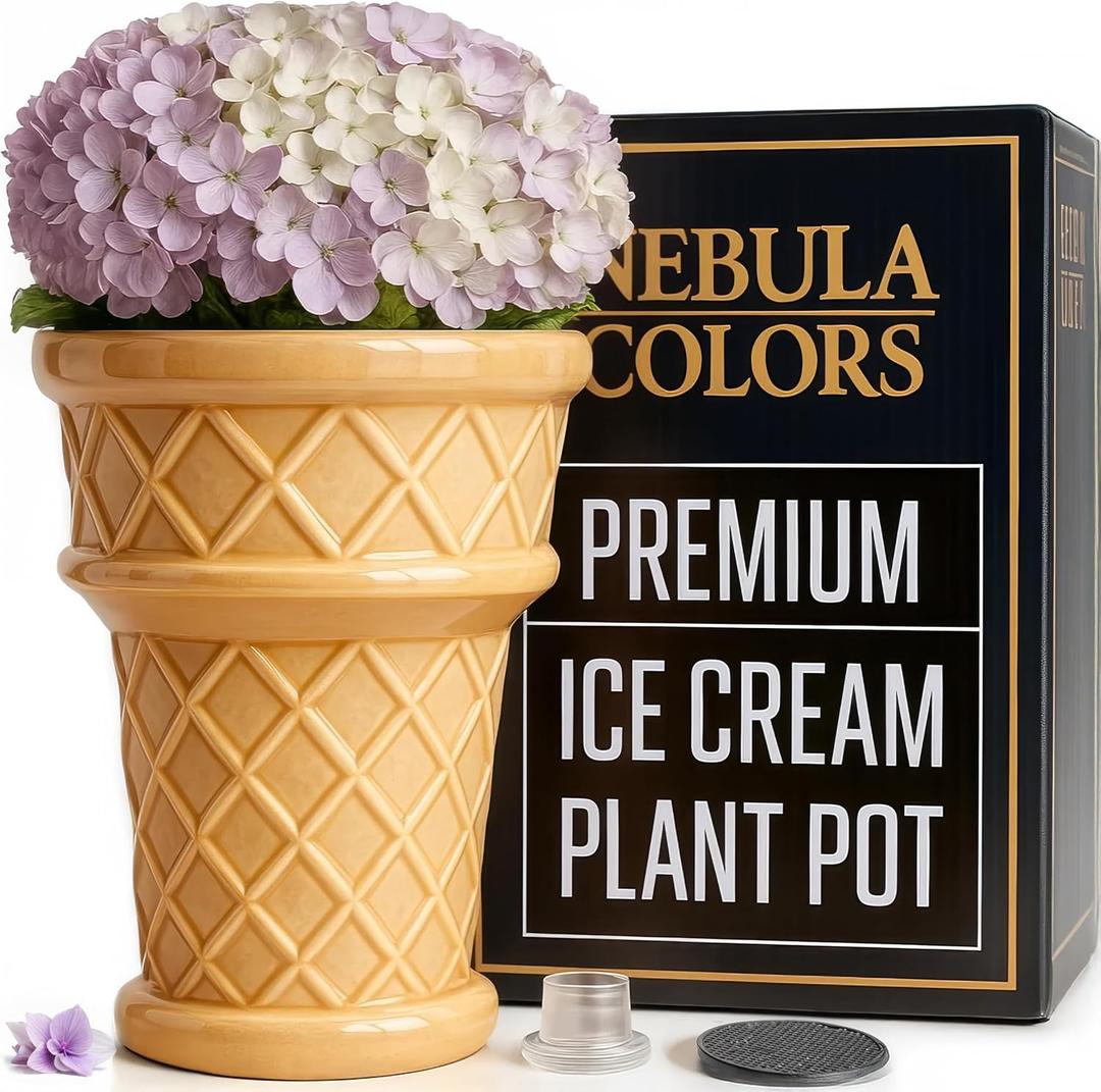 Fun&Unique Ice Cream Cone Flower Planter Charming 7inch tall x 3.5inchbottomwide x 5.3inchupperwide Ceramic Vase for Indoor & Outdoor Home Decor-Quirky Retro Garden Art for Plant Lovers (Standard Size)