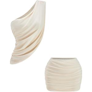 Women's 2 Piece Party Club Outfits Summer Ruched One Shoulder Asymmetrical Top and Bodycon Mini Skirt Set (Beige, S)