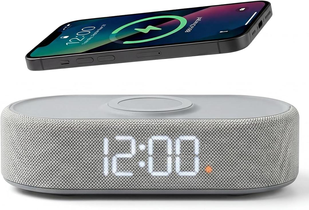 Fabric Digital Alarm Clock for Bedroom with Wireless Charging, USB-C Port, Dual Alarm, 30-Min Snooze, Dimmable Display, Ambient Light, Battery Backup, Modern Bedside Clock (Gary)
