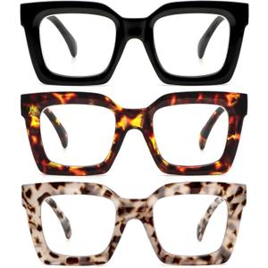 REAVEE 3 Pack Thick Frame Oversized Reading Glasses for Women Blue Light Blocking Computer stylish Readers with Spring Hinge (Black + Tortoise + Brown Tortoise)