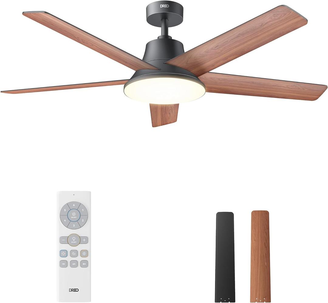 DREO Ceiling Fans with Lights, 52 Inch, 6 Speeds, 5 Color Tones Dimmable LED, Quiet Reversible DC Motor, Remote, 8H Timer, Black Ceiling Fan for Bedroom, Living Room, Easy to Install