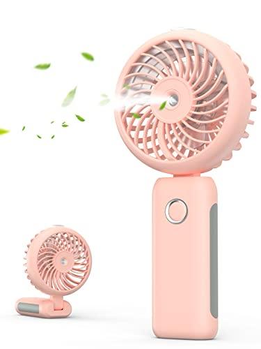 2 Pack RNKRUN Portable Handheld Misting Fan, 4000mAh USB Rechargeable Personal Mister Foldable Fan Battery Operated Spray Water Mist Fan Makeup Small Face Steamer for Travel Outdoors Office pink