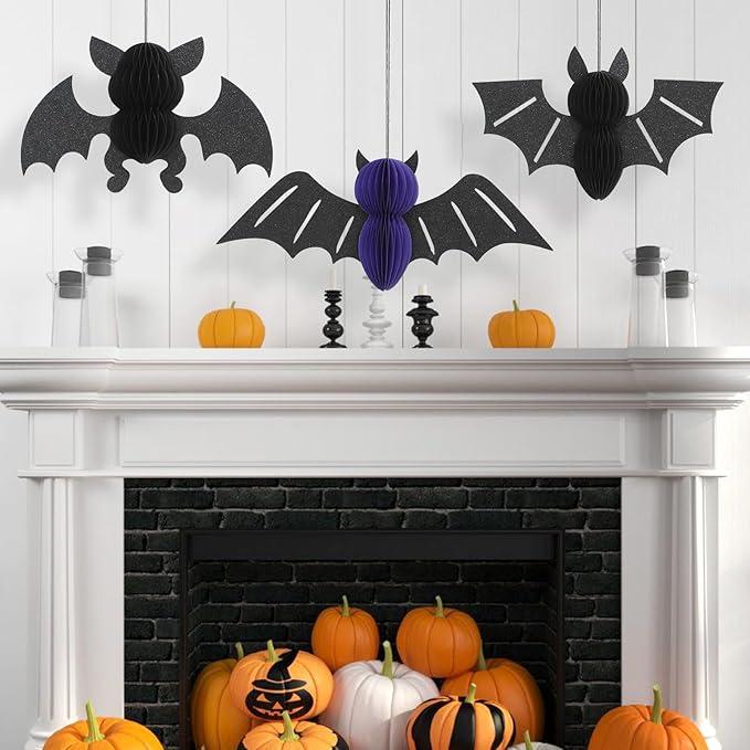 Halloween Bat Hanging Decorations - 3Pcs Honeycomb Bats for Indoor Spooky Party, Haunted House Decor, Halloween Window Decorations Black & Purple 
