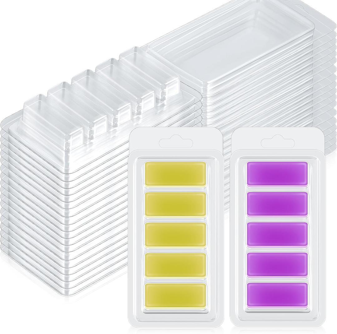 Leinuosen 100 Pcs 5 Cell Wax Melt Molds Empty Clear Wax Containers Easy to Use PET Plastic Clamshells for Wickless Candles Making Melting Packaging DIY, 5.5 x 2.6 Inch