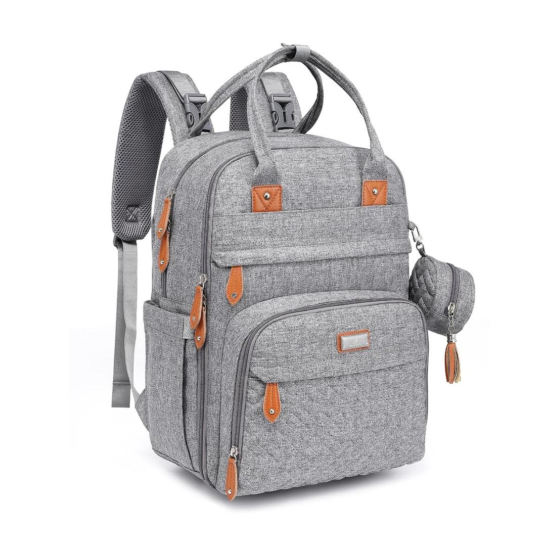 BabbleRoo Diaper Bag Backpack - Baby Essentials Travel Tote - Multi Function Water Resistant Diaper Bag, Travel Essentials Baby Bag with Changing Pad, Stroller Straps & Pacifier Case - Light Gray (26L)