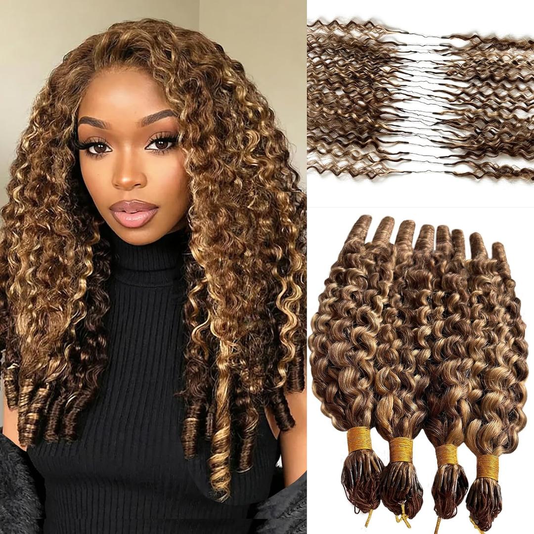 Burmese Curly Crochet Human Hair 50g Pre-separated Feather Crochet Hair Highlight Ombre Strawberry Brown Invisible Miracle Knots Hair 22 Inch Pre-looped Curly Wavy Bundles with Spiral Curl