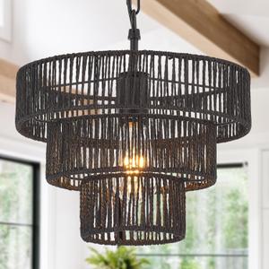 Hand-Woven Rattan Pendant Light Fixture Vintage 12.6" Farmhouse Boho Bamboo Pendant Lighting Small Retro Drum Wicker Rattan Black Pendant Light for Kitchen Island, Bedroom, Dining Room
