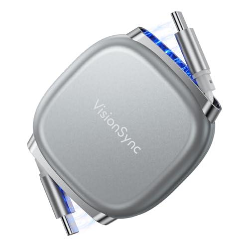 VisionSync 240W USB C to USB C Cable,PD 3.2 Retractable USB C Cable with Magnetic Slot for Travel,Car,5 Preset Length,Fast Charging for iPhone 17/16/15,iPad,MacBook,Galaxy S25/24,Grey,3.3ft