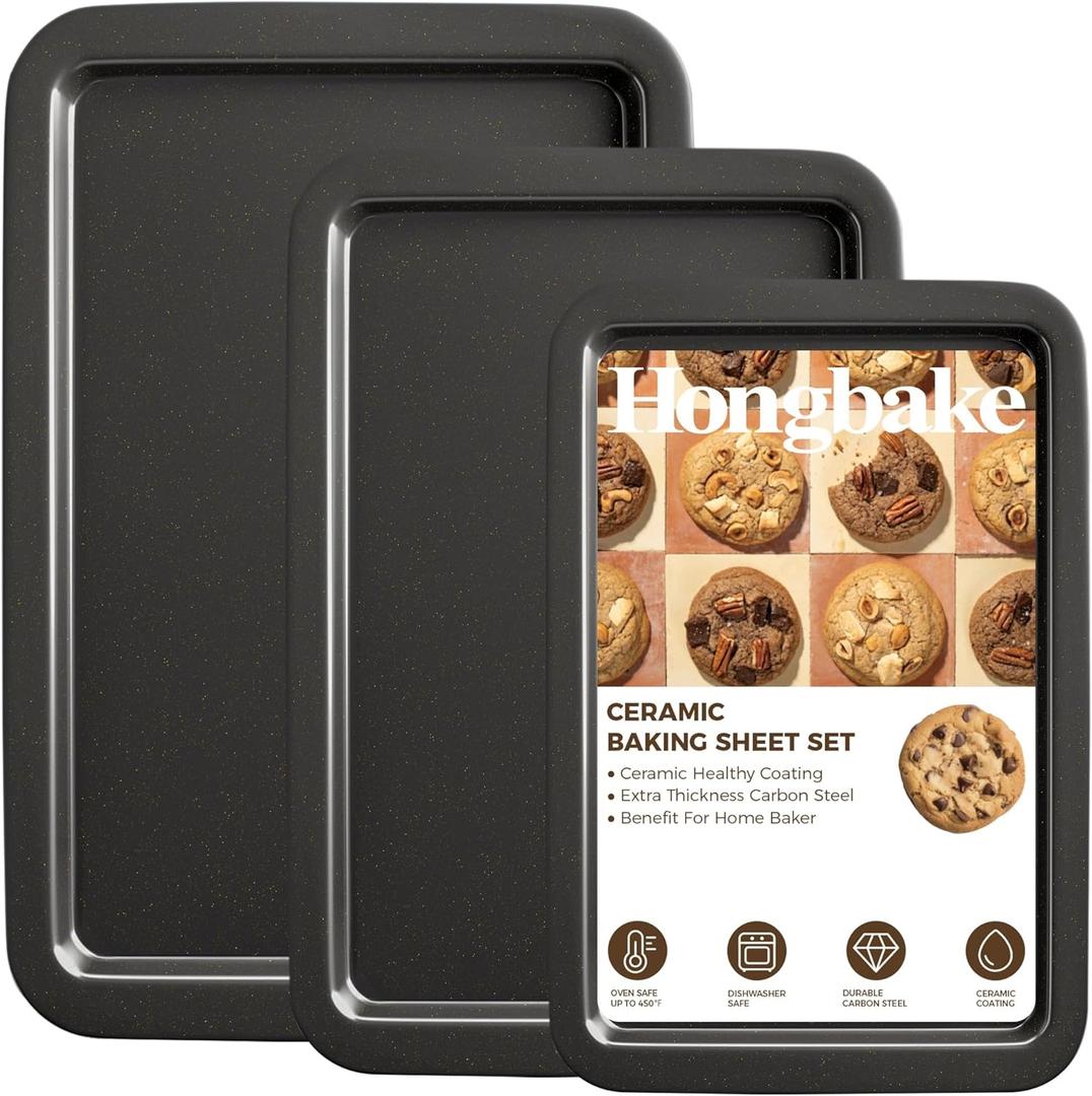 HONGBAKE Ceramic Baking Sheet Pan Set, Cookie Sheet for Oven, Bakeware Sets with Wider Grips, Pack of 3 Half/Jelly Roll/Quarter Baking Tray, Premium, Dishwasher Safe - Dark Grey