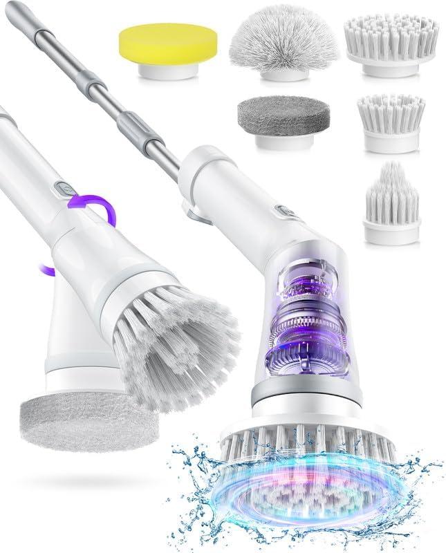 Electric Spin Scrubber, Cordless Shower Scrubber Rotary Floor Brushes & Pad Drivers with 6 Brush Heads - 2H Dual Speed, IPX7 Waterproof Extension Handle for Bathroom Tile Car Cleaning (White)