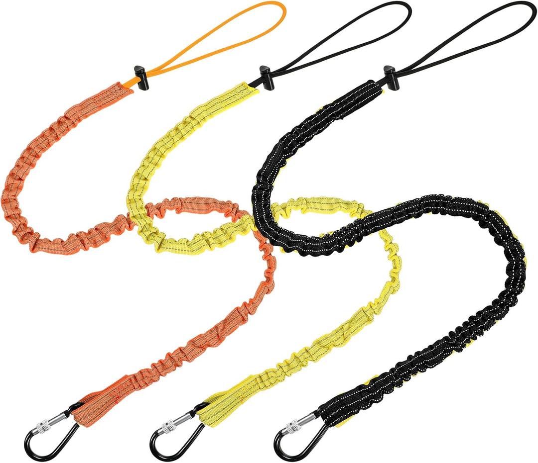 LEIFIDE 3 Pcs Tool Lanyard with Aluminum Screw Lock Buckle Retractable Bungee Cord 17.6lb 8kg Tough Adjustable Tether Tool Harness Fall Protection Tether for Construction(Black, Yellow, Orange)