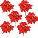 Christmas Artificial Poinsettia Flowers 6Pack Silk Red Poinsettia Artificial Bushes Red Christmas Flowers 7 Heads Velvet Poinsettia Floral Bouquet with Stem for Party Home Holiday Decoration