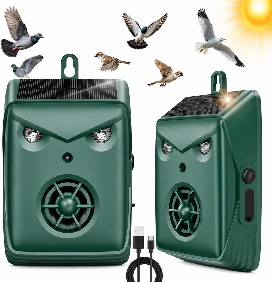 2026 Solar Ultrasonic Bird Repellent Outdoor,2 Pcs Woodpecker Deterrent for House,USB Charging & Waterproof Goose Pigeon Bird Deterrents for Outside,Birds Repeller Scare Devices for Garden Orchard