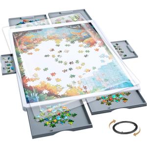 1500 Pieces Rotating Plastic Puzzle Board with 6 Storage Drawers & Protective Cover Jigsaw Puzzle Table for 1500 Pieces - for Adults & Families Home Entertainment & Puzzle Building