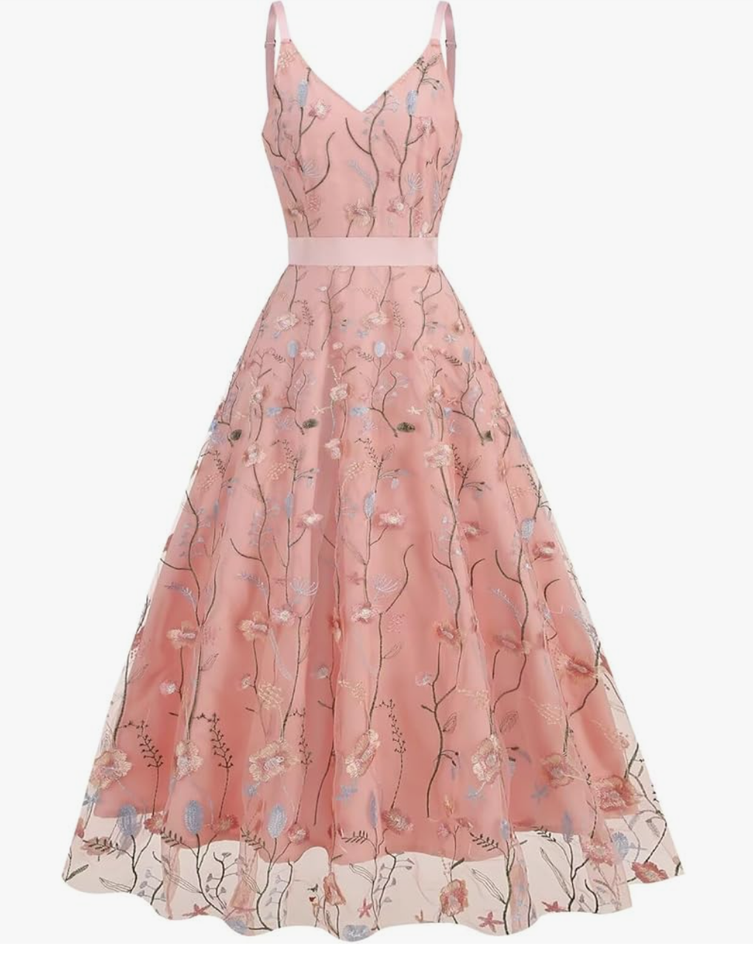 Long Floral Embroidery Dress Spaghetti Straps Evening Tulle Prom Gowns, XL