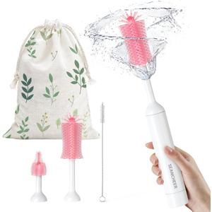 SEANCHEER S02 Electric Bottle Brush Set, Portable Baby Bottle Brush Cleaner, AA Battery-Powered & IPX7 Waterproof, with Silicone Bottle/Nipple/Straw Brush, for Home & Travel (Pink)