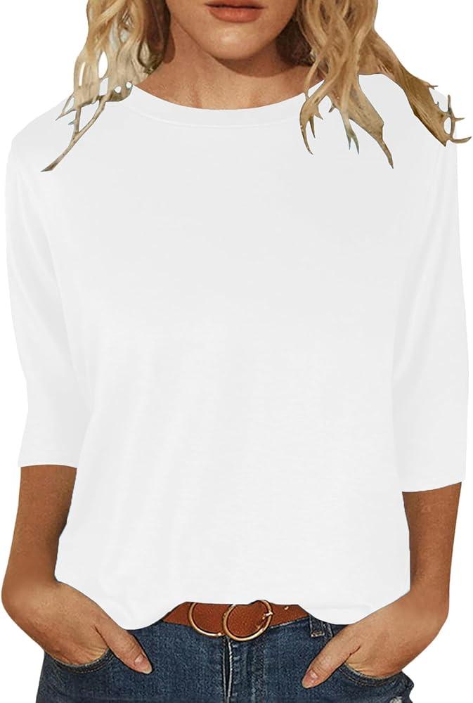 JomeDesign Womens Tops 3/4 Sleeve Shirts Round Neck Loose Casual Blouses Solid Color Tshirts Medium