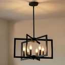 Modern 6-Light Black Chandelier, 6-Light Farmhouse Ceiling Light Fixture, Adjustable-Height Metal Industrial Geometric Pendant Lights，Black Hanging Light Fixture for Living Room, Foyer