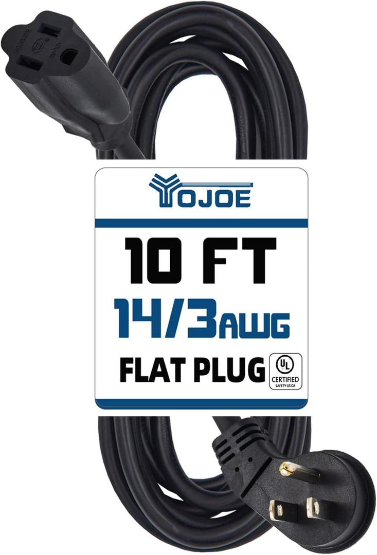 YOJOE Flat Plug Indoor Extension Cord 10 ft, 3 Prong 15A Power Cord, 14 Gauge Heavy Duty Black Extension Cord for Garage, Garden and Home, 14/3 SJTW, UL Listed