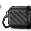 Maxjoy for AirPods Pro Case, Carbon Fiber Secure Lock Clip Full Body Shockproof Hard Shell Protective Case Cover with Keychain for Apple AirPod Pro (2019), Black