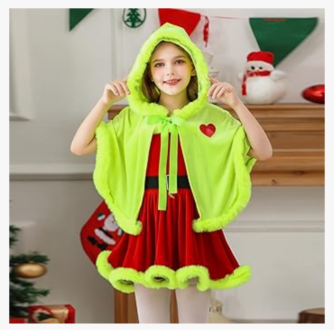 Kid Girl Elf Christmas Cape Xmas Green Fur Hooded Cloak Christmas Cosplay Santa Outfit, Large