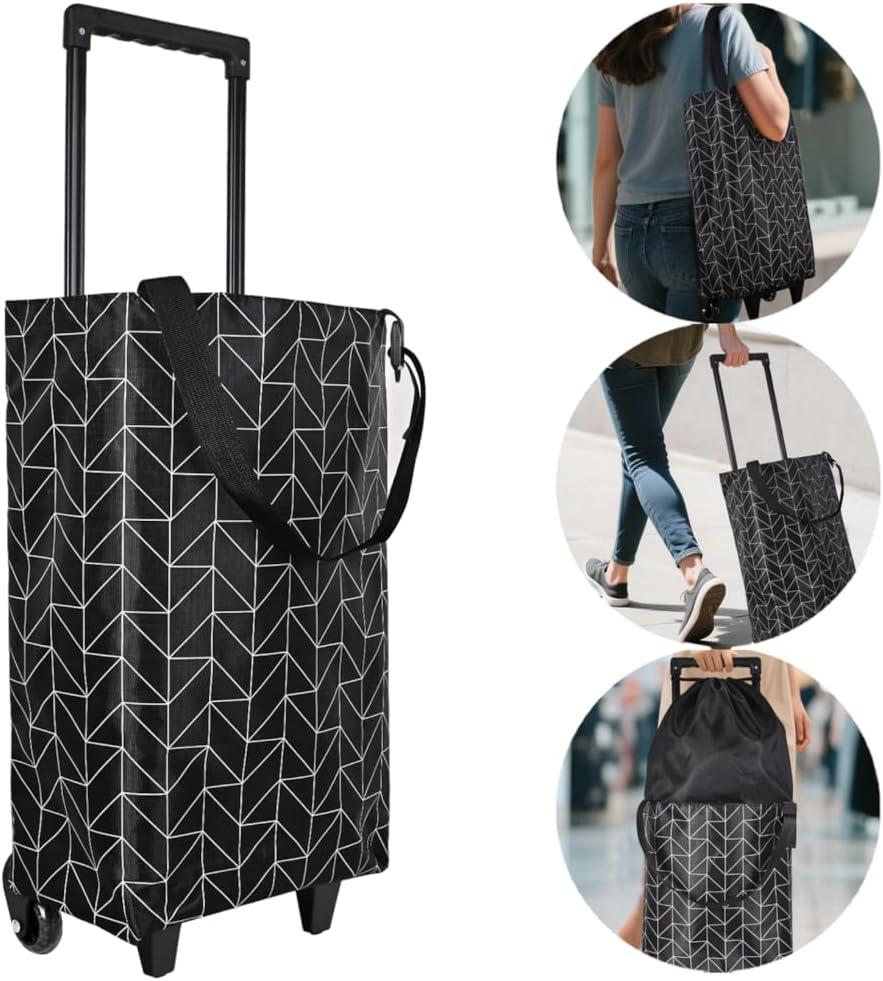 Small Collapsible Shopping Cart,Shopping Cart with Wheels,Folding Portable Waterproof Rolling Bag,Trolley Tote Stair Climbing for Traveling,Gift for Women&Older (Black&Expandable Bag)