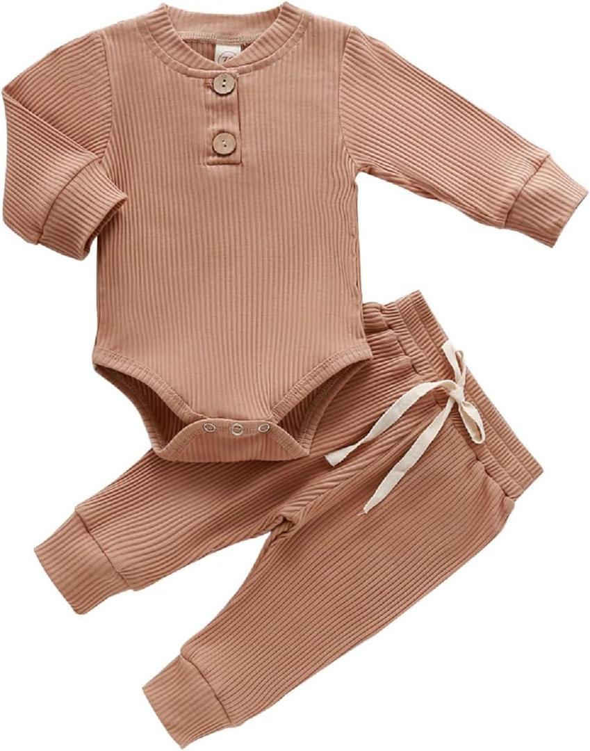 Newborn Baby Boy Girl Clothes Ribbed Knitted Cotton Long Sleeve Romper Long Pants Solid Color Fall Winter Outfits (0-3 Months)