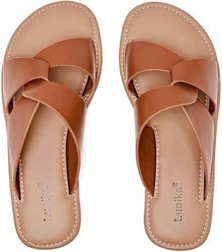Luoika Women's Wide Width Flat Slides Sandals, Strapy Slide Sandal Slip on Dressy Summer Shoes for Women., 12 size