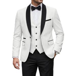 YND Men's 3 Piece Tuxedo Set with Bow Tie, Slim Fit One Button Shawl Lapel Suit Blazer Vest Pants, for Wedding Prom Dinners (Medium, Black Collar White)